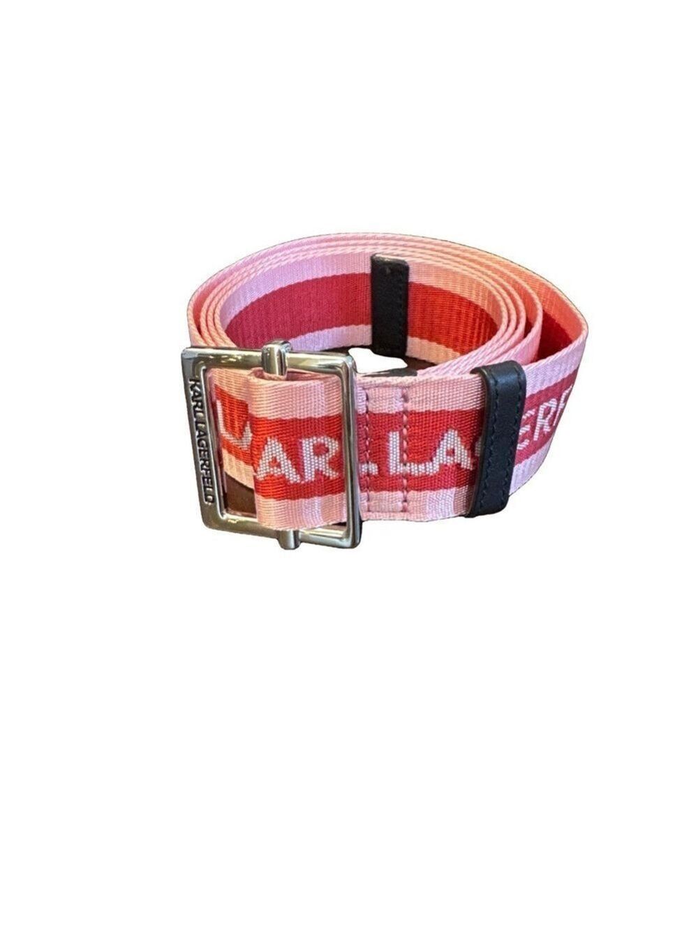 KLJ Pink/Red Wrap Around Webbing Karl Lagerfield Logo Design Belt. Silver Buckle